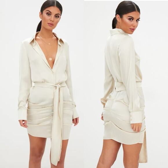 NWT PrettyLittleThing Champagne Satin Ruched Shirt Mini Dress Womens 6 Mob Wife - Picture 1 of 7